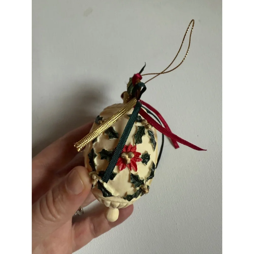 Vintage 1989 Merry Christmas Ornament Poinsettia Holly Ribbon Commemorative 3in